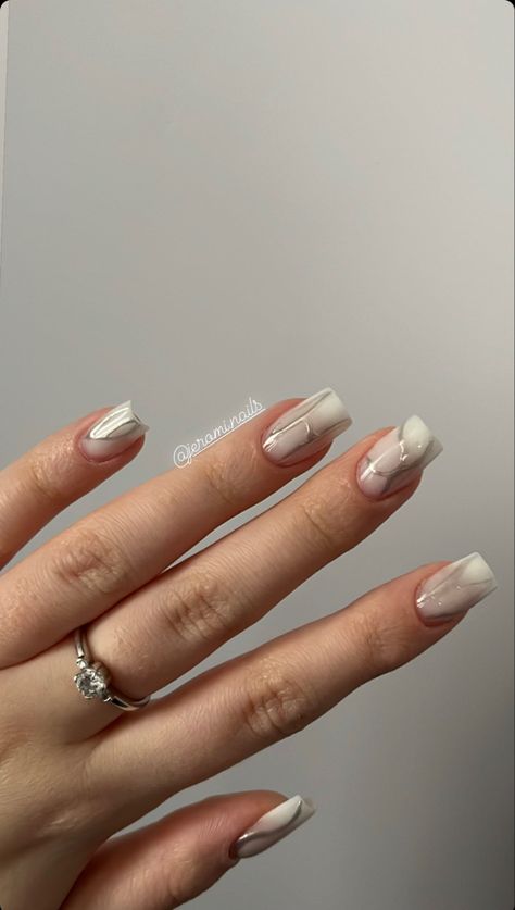 Milky White Nails With Chrome, Chrome Marble Nails, White Nails With Chrome, Nails With Chrome, Nails With Red, Milky White Nails, Swirl Nail, Red Chrome, Chrome Effect