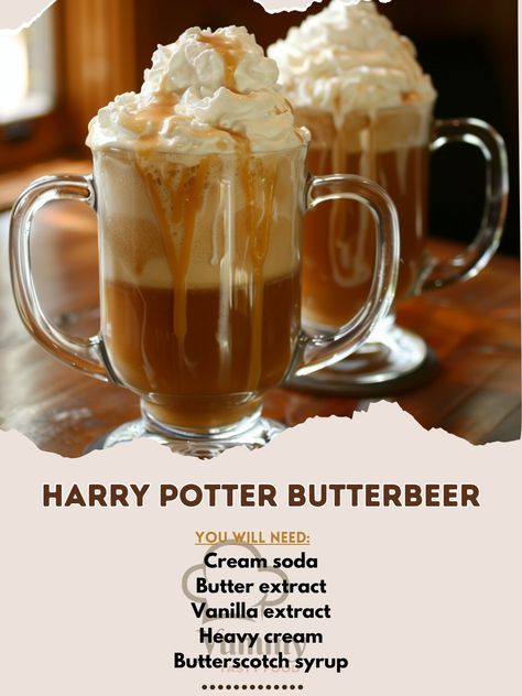 🍺🧙‍♂️ Step into the magical world with Harry Potter Butterbeer! Sweet, creamy, and utterly enchanting. #WizardingWorldDelights Harry Potter Butterbeer Ingredients: Cream soda (2 cups) Butter extract (1/2 tsp) Vanilla extract (1/2 tsp) Heavy cream (1/2 cup) Butterscotch syrup (1/4 cup) Instructions: Combine cream soda and extracts. In a separate bowl, whip heavy cream with butterscotch until thick. Pour soda into glasses, top with cream. 🧙🍹 Dive into a frothy, delightful experience with each... Harry Potter Butterbeer, Butterscotch Syrup, Harry Potter Butter Beer, Instagram Recipes, Butter Extract, Twisted Recipes, Trending Recipes, Fantasy Lovers, Cream Soda