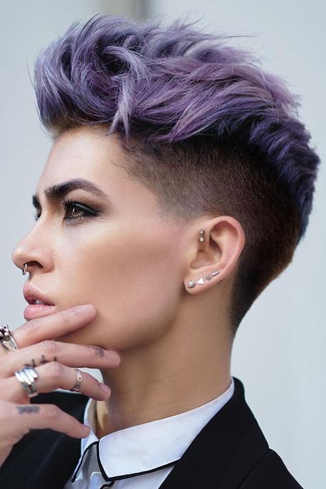 Stylish Undercut Hair Ideas for Women ★ See more: http://glaminati.com/women-undercut-hair-ideas/ Short Purple Hair, Undercut, Purple Hair, Piercings, A Woman, Hairstyles, Purple, Hair, Black