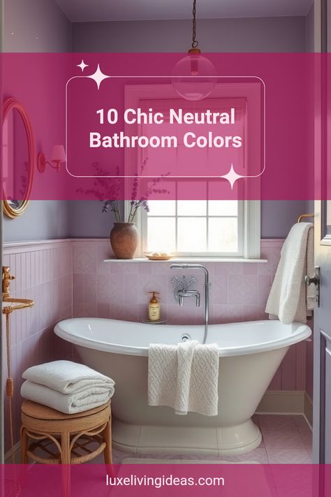 This pin features one image of a stunning bathroom with faded lavender walls, a classic freestanding tub, and a palette of soft, neutral decorations, showcasing a beautiful and inviting design. Bathroom Paint Colors With White Tile, Color Schemes For Bathrooms, 2 Tone Bathroom Walls, Spa Like Bathroom Colors, No Window Bathroom Paint Colors, Windowless Bathroom Paint Colors, Color Schemes For Small Bathrooms, Bathroom Paint Inspiration, Neutral Bathroom Paint