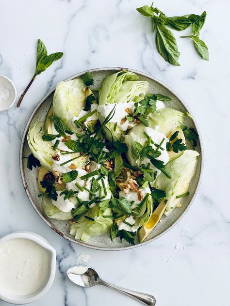 Herby Wedge Salad with Creamy Yogurt Feta and Honey Dressing — Peter Som Feta And Honey, Clean Salads, Feta Dressing, The Big Chill, Restaurant Plates, Honey Dressing, Creamy Yogurt, Fancy Dishes, Yummy Salads