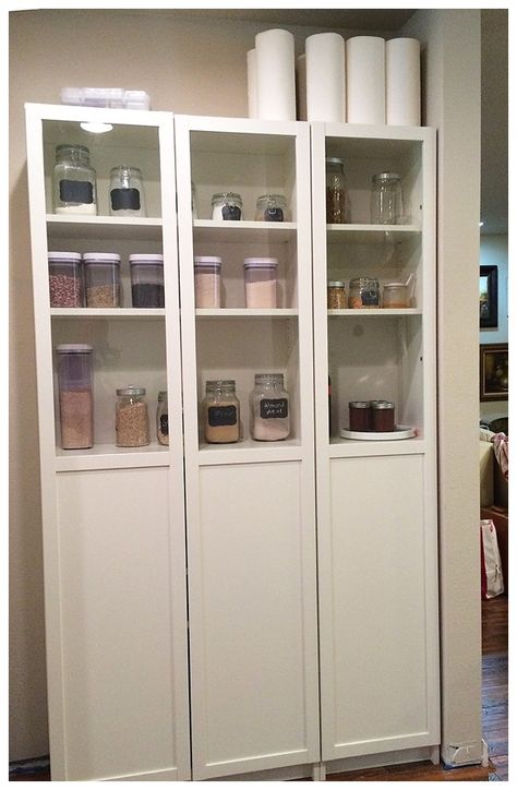 Another idea for Billy Bookcases; Don't leave the top space empty.  Place paper towels/toilet paper/other paper products! Ikea Remodel, Shelving Hacks, Ikea Pantry Organization, Bookcase Kitchen, Pantry Hacks, Standing Pantry, Ikea Pantry, Billy Ikea, Diy Pantry Organization