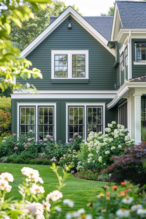 Green Siding House, Green Home Exterior, Green House Paint, Green House Color, Green Exterior Paints, Alaska House, Green Exterior House Colors, Grey Exterior House Colors, Green House Exterior