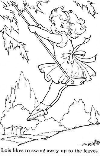 Girl Swinging, Vintage Coloring Books, Redwork Embroidery, Colouring Printables, Colouring Books, Book Page, Coloring Book Pages, Coloring Pictures, Free Coloring Pages