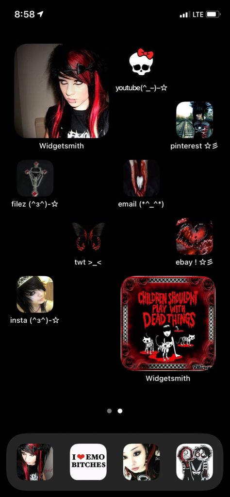 emo emo ios 15 layout homescreen homescreen idea ios 14 Scene Emo Lockscreen, Emo Phone Layout Ideas, Emo Widgetsmith Ideas, Scene Iphone Layout, Scene Homescreen Layout, Gothic Iphone Layout, Emo Iphone Layout, Emo Ios Layout, Emo Homescreen Layout