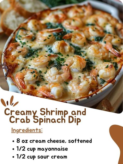 Creamy Shrimp And Crab Spinach Dip, Crab Spinach Dip, Shrimp And Crab Dip, Crab And Shrimp Recipe, Salsa Dips, Crab Appetizer, Seafood Dip, Cooked Shrimp, Spinach Dip Recipe