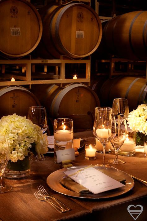 Rehearsal dinner in winery Christmas Catering Ideas, Candle Lit Wedding Reception, Winery Dinner, Wine Barrel Wedding Decor, Winter Theme Party, Winery Wedding Decorations, Barrel Wedding Decor, Vineyard Decor, Lit Wedding