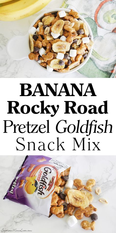 Southern Mom Loves: Banana Rocky Road Pretzel Goldfish Snack Mix Recipe Pretzel Goldfish, Goldfish Snack, Snack Mix Recipe, Banana Baby Food, Pretzel Recipe, Trail Mix Recipes, Snack Mix Recipes, Organic Baby Food, Banana Chips