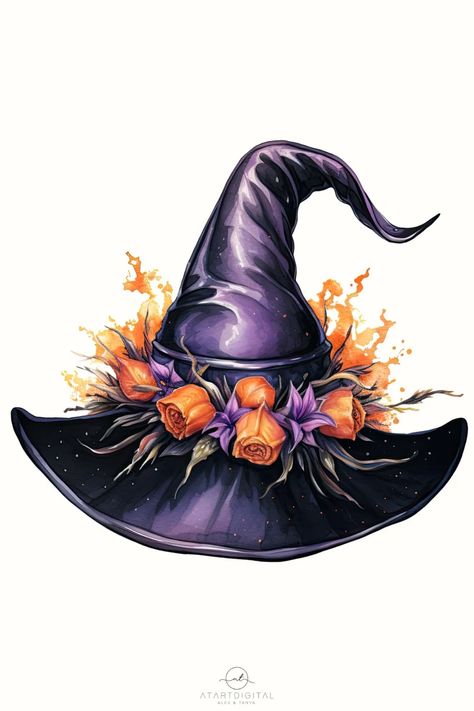 Watercolor Witches Hat, Fall Halloween Tattoos, Witch Hat Tattoo, Witch Hat Drawing, Witchy Hats, Pumpkin Makeover, Ephemera Ideas, Cute Halloween Coloring Pages, Super Mario Coloring Pages