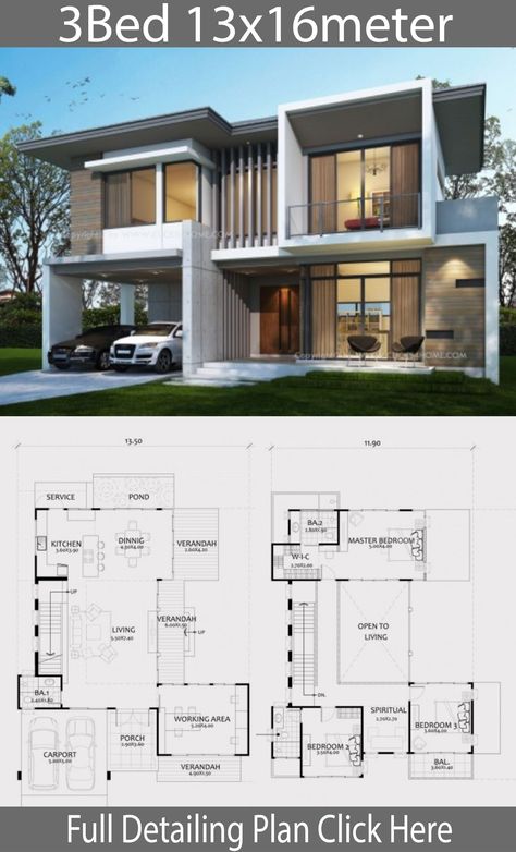 Home Design Plan 15x18m With 5 Bedrooms - Home Design With Plansearch 055 Small Modern House Plans, Two Story House Design, Modern House Floor Plans, House Plans With Photos, 2 Storey House Design, Two Story House, Casas The Sims 4, House Construction Plan, House Layout Plans