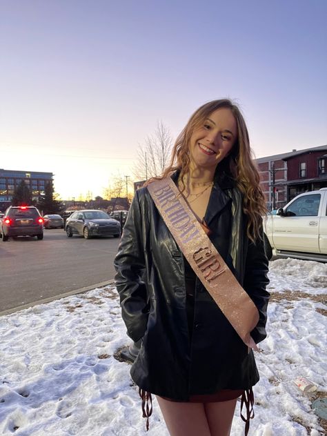 Birthday sash & dress 🎉 20th Birthday Outfit, Birthday Sash And Crown, Crown Outfit, Outfit Leather Jacket, Leather Jacket Brown, Birthday Sash, 23rd Birthday, Dress Sash, 14th Birthday