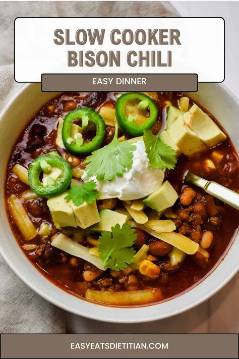 Slow Cooker Bison Chili Bison Chili Crockpot, Healthy Bison Chili, Bison Chili Recipe, Bison Chili, Southwest Chicken Soup, Bison Recipes, Gluten Free Sweet Potato, Instagram Recipes, Crockpot Chili