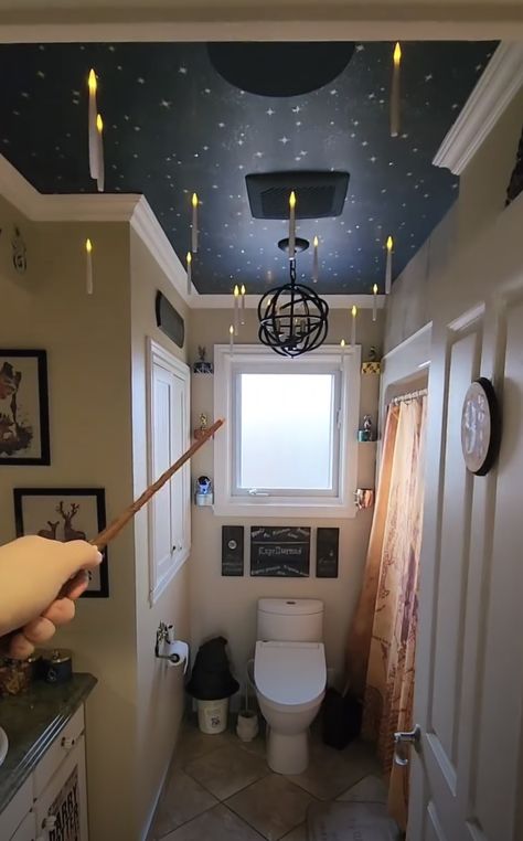 Harry Potter Interior Design Inspiration, Harry Potter Cafe Interior, Harry Potter Toilet Ideas, Harry Potter Inspired Bathroom, Harry Potter Theme Bathroom, Wizard Bathroom, Nerdy Bathroom, Hogwarts Office, Harry Potter Toilet