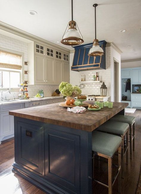 Dark Butcher Block, Houston Interior Designers, Butcher Block Island, Beautiful Kitchen Designs, Block Island, Transitional Kitchen, Beautiful Kitchen, Blue Kitchens, Décor Diy