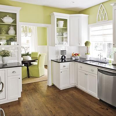 Green walls, white kitchen cabinets, Dark counters, stainless appliances. Green Kitchen Inspiration, Kitchen Green, Kitchen Paint Colors, Green Walls, Design Seeds, Kitchen Decorating, Kitchen Redo, Kitchen Paint, Trendy Kitchen