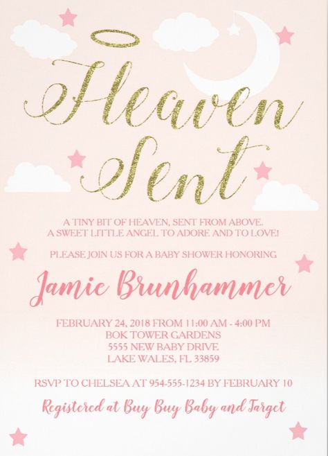 Heaven Sent Invitations, Heaven Sent Baby Shower Invitations, Heaven Sent Baby Shower Themes Girl, Heaven Sent Baby Shower Theme, Christening Themes, Christian Baby Shower, Baby Shower Checklist, Girl Shower Themes, Sprinkle Baby Shower