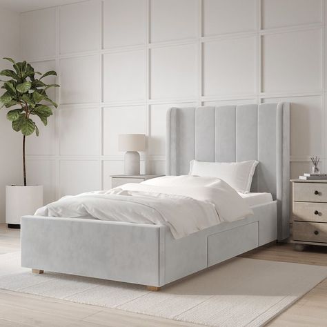 Velvet Single Bed, Grey Single Bed, Bed Mattress Sizes, Kids Bed Frames, Grey Bed Frame, Grey Bedroom Decor, Castor Wheels, Luxury Room Bedroom, Interior Design Your Home