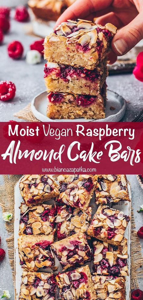 Raspberry Almond Bars | Easy Sheet Cake Vegan Fruit Bars, Vegan Raspberry Bars, Vegan Sheet Cake Recipe, Vegan Bars Recipe, Vegan Traybake Recipes, Vegan Rasberry Deserts, Vegan Squares And Bars Recipes, Healthy Vegan Bars, Vegan Raspberry Cookies