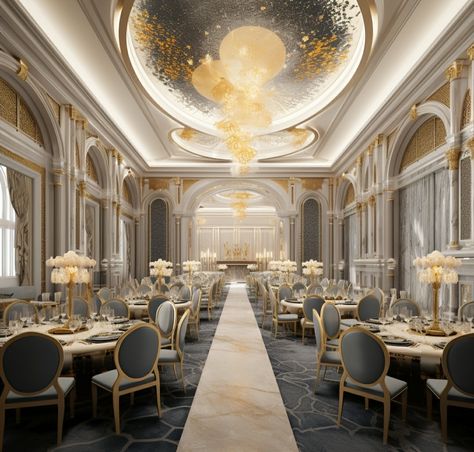 **banquet hall interior design for a seven star hotel of size feet and height 10 feet, grand luxury palace type, roman design for walls, parametric false ceiling, carpet flooring, futuristic roman, luxury, unique, HD Futuristic Roman, Interior Design Hd, Roman Design, Luxury Palace, Wedding Banquet Hall, Hotel Room Interior, Hall Flooring, Lobby Interior Design, Function Hall