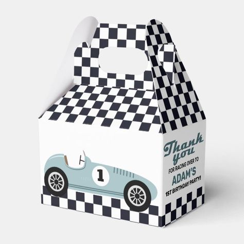 Blue Race Car Racing Birthday Party Checkered Favor Box | Zazzle Racing Birthday Party, Blue Race Car, Red Race Car, 80s Party Decorations, Racing Birthday, 75th Birthday Parties, Favor Boxes Birthday, Red Race, Car Party