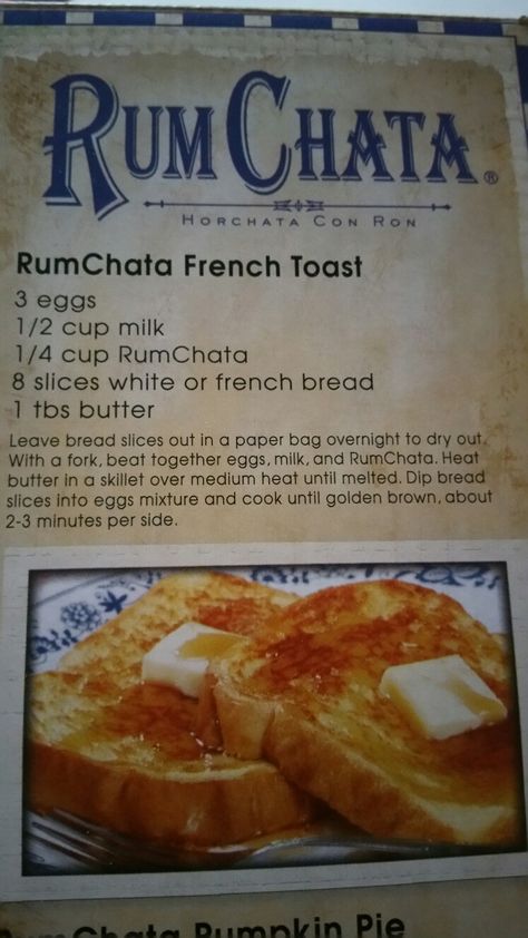 Rum Chata French Toast Rumchata French Toast, Rum Chata French Toast, Rum Chata Recipes, Breakfast Ideaa, French Toast Ideas, Desserts French, Monthly Meals, Rumchata Recipes, Rum Chata