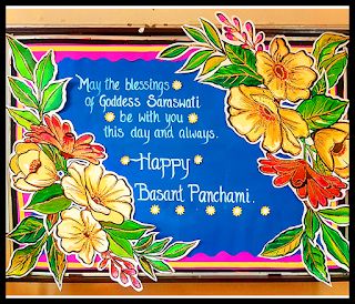 Art ,Craft ideas and bulletin boards for elementary schools: Happy Basant Panchami, Happy Vasant panchami 2021 Saraswati Puja Board Decoration Ideas, Vasant Panchami Board Decoration, Basant Panchami Board Decoration Ideas, Basant Panchami Decoration Ideas, Basant Panchami Craft For Kids, Chart Paper Decoration Ideas, Bulletin Boards For Elementary, Unique Bulletin Board Ideas, Happy Basant Panchami