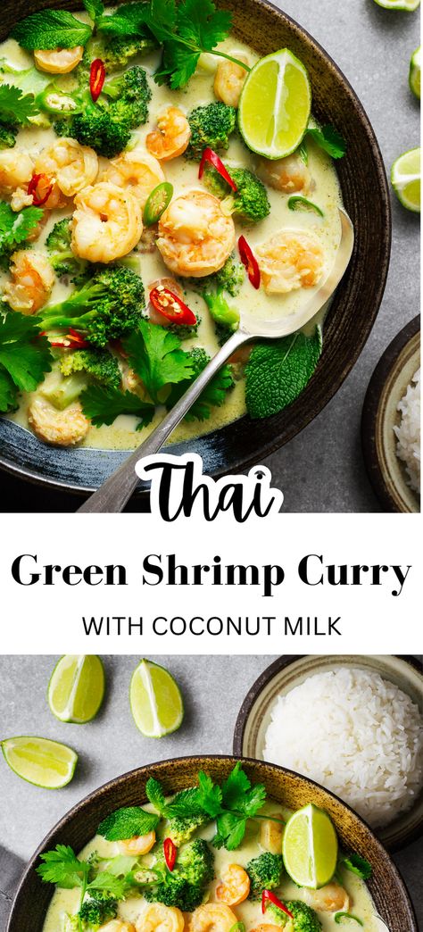 This easy Thai green curry shrimp with coconut milk is a delicious and creamy dish that takes just 20 minutes to make! Made with tender green veggies and juicy prawns, this vibrant curry is packed with spicy and aromatic flavours from green curry paste and coconut milk. Perfect for a quick and satisfying dinner, this shrimp curry recipe is a must-try for any lover of Thai food. You can also substitute chicken for shrimp and use red curry paste for a variation on this easy Thai favourite. Shrimp Green Curry Recipes, Green Curry Recipes Thai Shrimp, Green Curry Shrimp Coconut Milk, Thai Green Curry Shrimp, Vegan Green Curry Recipes, Easy Green Curry Recipes, Green Curry Paste Recipe Dinners, Green Curry Recipes Thai, Shrimp With Coconut Milk