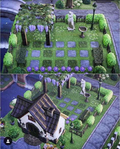 Acnh Hedge Garden, Acnh Villager Backyard Ideas, Acnh Island Design Ideas Simple, Acnh Small Garden, Acnh Island Ideas Simple, Acnh Ione Yard, Animal Crossing Garden Codes, Simple Acnh Ideas, Acnh Gazebo