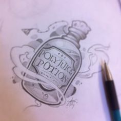 Poison Bottle Drawing, Harry Potter Tattoo Sleeve, Pinterest Tattoos, Hp Tattoo, Polyjuice Potion, Poison Bottle, Potter Tattoo, Bottle Drawing, Lyric Tattoos