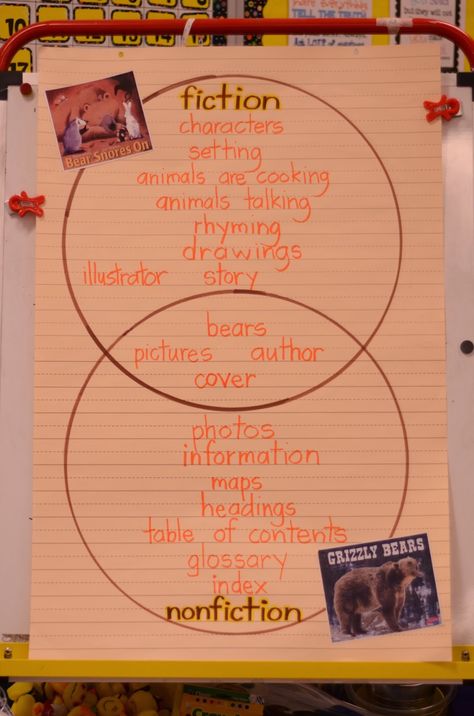 First Grade Read Alouds And Activities, Fiction Vs Nonfiction, Nonfiction Activities, Academic Language, Reading Charts, Writers Workshop, Reading Anchor Charts, Reading Comprehension Strategies, Kindergarten Ela