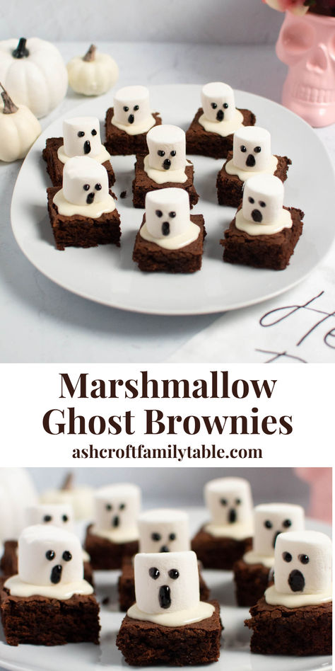 Halloween ghost brownies with marshmallows served as a Halloween party dessert and treat. Ghost Desserts, Ghost Brownies, Homemade Halloween Treats, Halloween Themed Desserts, Ghost Treats, Bake Sale Treats, Halloween Brownies, Halloween Themed Food, Treats For Kids