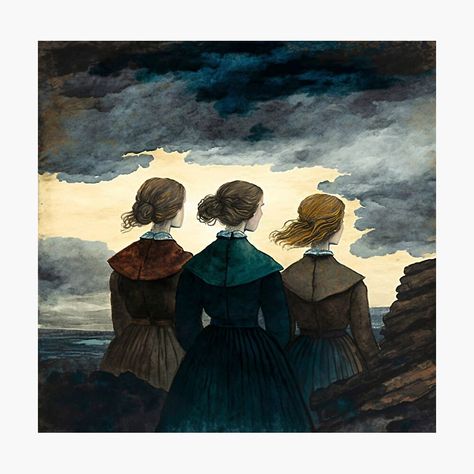 Get my art printed on awesome products. Support me at Redbubble #RBandME: https://www.redbubble.com/i/photographic-print/The-Bront%C3%AB-Sisters-Illustration-by-EmilyInGondal/152913884.6Q0TX?asc=u Sisters Artwork, Bronte Sisters Books, Bronte Sisters, Sisters Art, Illustration Wall Art, Jane Eyre, Fantasy Costumes, Literature Art, Page Turner