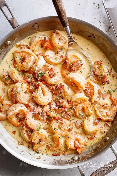 Shrimp Alfredo Recipe, Bacon Carbonara, Parmesan Cream Sauce, Shrimp Alfredo, Carbonara Recipe, Shrimp Recipes For Dinner, Shrimp Recipes Easy, Alfredo Recipe, Shrimp Dishes