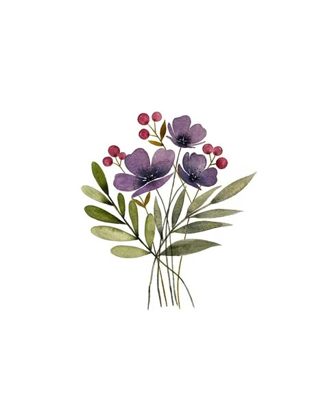 Julie Simon - Illustration | ~ 16 février ~ 🌿🌸 • Je vous partage ce bouquet que j’ai peint il y a plusieurs semaines, que je n’avais pas envie de publier … et… | Instagram Flower Illustration Watercolor, Watercolour Inspiration Flowers, February Illustration, Purple Watercolor Flowers, Linen Embroidery, Floral Watercolor Paintings, Fabric Paint Designs, Watercolor Bouquet, Watercolour Inspiration