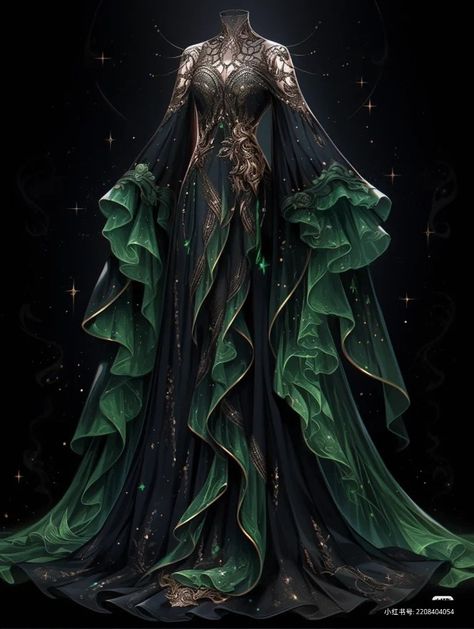 Dark Green And Black Dress, Black And Green Dress Gowns, Dnd Ball Gown, Green Fantasy Dress Drawing, Dark Fantasy Aesthetic Outfits, Green Masquerade Dress, Formal Fantasy Outfits, Emerald Green Dress Aesthetic, Black And Green Prom Dress