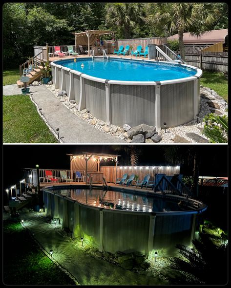 Above Ground Pool Deck Rectangle, Lighting Around Above Ground Pool, Pool Canopy Above Ground, Rectangle Above Ground Pool Landscaping, Oval Above Ground Pool Ideas, Above Ground Oval Pool Ideas, Oval Pool Deck Ideas, Oval Above Ground Pool Landscaping, Above Ground Pool Lighting Ideas