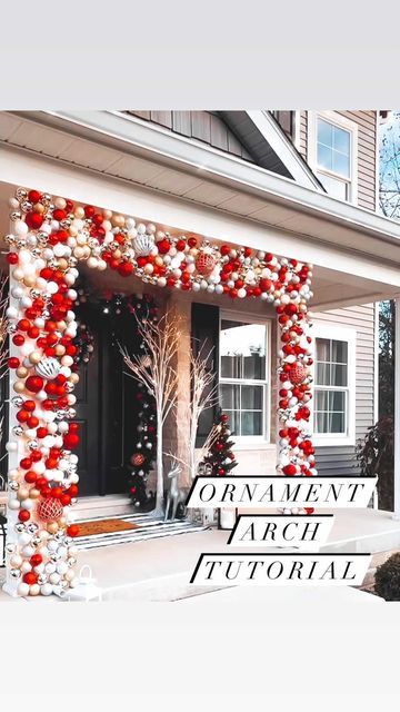 Christmas Ball Archway, Simple Christmas Garland Front Porch, Ornaments Around Door Frame, Holiday Archway Decor Outdoor, Diy Christmas Light Arch, Chicken Wire Ornament Arch, Ornament Doorway Arch, Christmas Archway Decor Outdoor Diy, Chicken Wire Christmas Arch