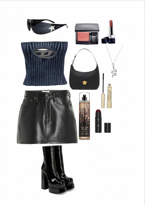 Diesel shirt with leather skirt black boots aesthetic y2k outfit Diesel Outfits Black Women, Black Boots Aesthetic, Diesel Skirt, Diesel Skirts, Aesthetic Y2k Outfits, Diesel Shirt, Boots Aesthetic, Comp Card, Leather Skirt Black