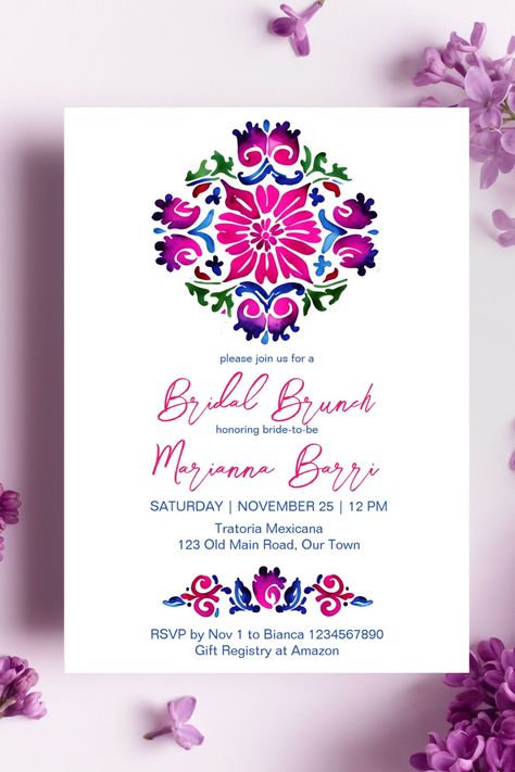 Mexican pink blue talavera tiles bridal brunch template invitation digital download Spanish bridal Talavera Bridal Shower Theme, Spanish Style Weddings, Blue Talavera, Mexican Bridal Showers, Tapas Party, Mexican Themed Weddings, Fiesta Bridal Shower, Mexican Tiles, Template Invitation