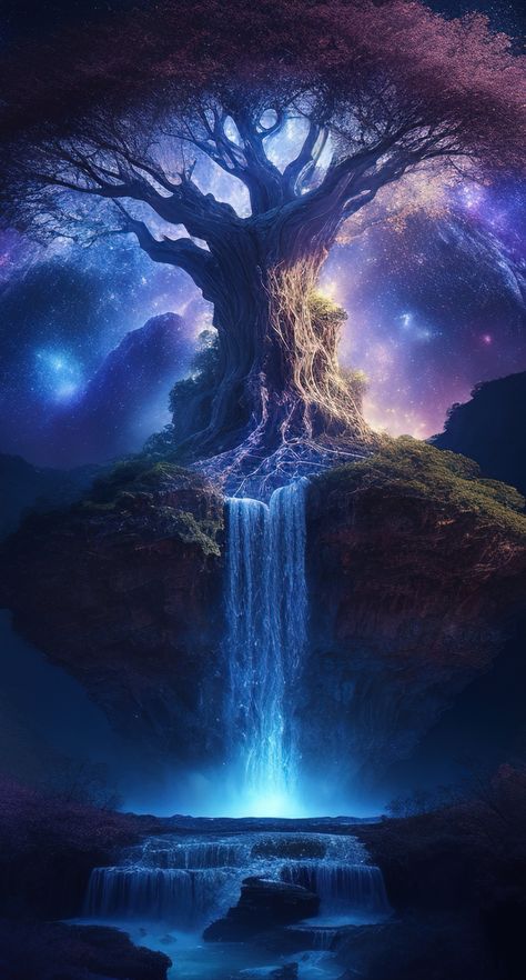 @Milankov Dnd Landscape, Magical Waterfall, Magical Trees, Tree Of Life Artwork, Magical Tree, Optical Illusions Art, Flyer And Poster Design, Agave Syrup, Beautiful Art Pictures