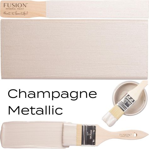 Fusion Mineral Paint's Champagne Metallic exudes old Hollywood glamour. Accented with the slightest pink hue, the result is a sparkling rose gold color. Before painting with your preferred metallic color, paint a coat of a solid paint color that is similar, as Metallics are fairly transparent this will help with coverage. For Champagne Metallic, use Fusion's Champlain as an undercoat. Using pure mica pigments, our Fusion Metallics shimmer unlike any other on the market. Our Metallics work just l Mica Flakes, Fusion Paint, Paint Types, Glam Look, Modern Glam, Bedroom Paint Colors, Fusion Mineral Paint, Interior Paint Colors, Patina Finish