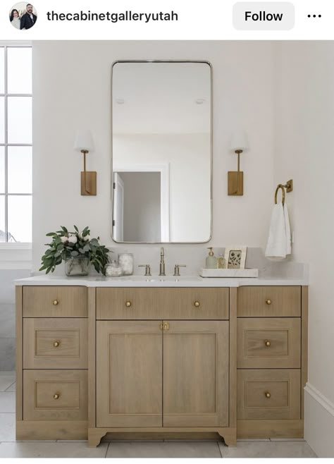 Natural Wood Color Bathroom Vanity, Custom Built Bathroom Vanity, Hall Bathroom Vanity, White Oak Bathroom Vanity Grey Floor, Primary Bath Separate Vanities, The Cabinet Gallery Utah, Bathroom Vanity One Sink, Stained Bathroom Cabinets, Maple Bathroom Cabinets