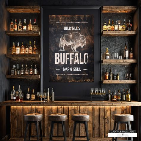 Custom Western Saloon Sign - Personalized Vintage-Style Canvas Bar Wal – Walls of Wisdom Cabin Theater Room, Lounge Walls Ideas, Home Liquor Bar, Tavern Style Home Bar, Brick Wall Behind Bar, Basement Bar With Brick Backsplash, Small Bar On Wall, Country Bar Ideas Restaurant, Diy Speakeasy Basement