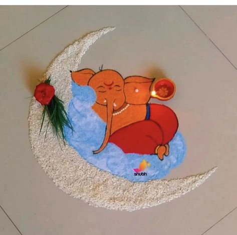 Bappa Welcome Rangoli, Rangoli Of Ganpati, Rangoli Designs Of Ganesha, Rangoli For Ganesh Festival, Meaningful Rangoli Designs, Rangoli Ganpati Designs, Rangoli Design Ganpati, Rectangular Rangoli Design, Ganpati Poster Rangoli