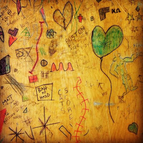 School desk graffiti. Old School Desks, Desk Tops, Vintage School Desk, School Tables, The Lightning Thief, School Desk, School Desks, School Room, Gcse Art