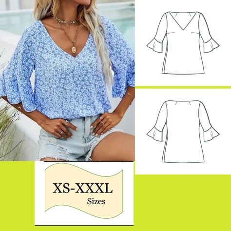 pdf sewing pattern for this V neck top V Neck Blouse Pattern Sewing, Sleeve Pattern Blouse, Circle Sleeve, Ruffle Sleeve Top, Blouse Pattern Sewing, Pattern Blouse, Top Sewing Pattern, Sleeve Pattern, Comfy Tops