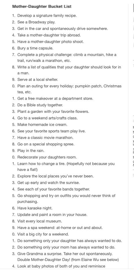 Mother Daughter Bucket List Activities For Mom And Daughter, Activities To Do With Daughter, 10 Things To Tell Your Daughter, Mommy And Me Journal Ideas, Things To Do On A Mommy Daughter Date, Mom And Daughter Bucket List, Mother Son Bucket List Ideas, Mother Daughter Bucket List Ideas, Mommy And Me Dates Daughters