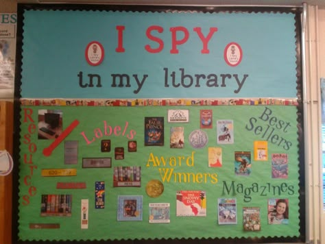 We have a yearlong theme in our library that we will touch on throughout the year. This year our theme is  I SPY in my library . ... School Library Bulletin Boards, School Library Decor, Library Signage, Library Games, School Library Displays, Library Bulletin Board, Reading Bulletin Boards, Library Themes, Elementary School Library