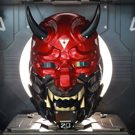 Handcrafted Cyberpunk oni mask Red - Limited Stock Available| CYBER TECHWEAR® 100% handcrafted masterpiece in red and black, it's the bold style statement of the urban warrior. Indulge in quality and defy the ordinary today! Order now. https://cyber-techwear.com/products/cyberpunk-oni-mask-red Oni Reference, Cyberpunk Oni Mask, Cyberpunk Oni, Red Cyberpunk, Oni Maske, High Tech Fashion, Cyberpunk Helmet, Urban Warrior, Techwear Cyberpunk