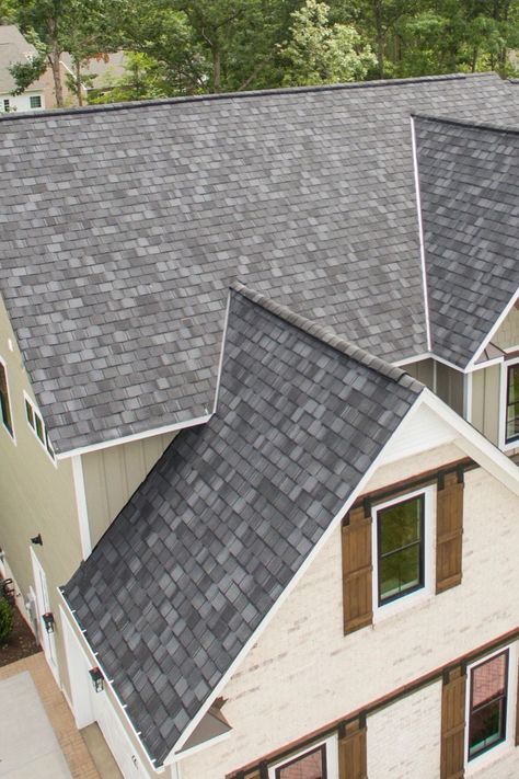 Learn about CertainTeed's Belmont Shingle's layered construction and blended coloration. These luxury shingles are featured here in the color Black Granite! Certainteed Shingles, The Color Black, Residential Roofing, Black Granite, House Front, Roof, Building, Color, Black